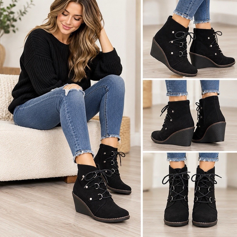 White Mountain "Lillian Women's Suede Wedge Heel Ankle Boots Lace Up 9.5